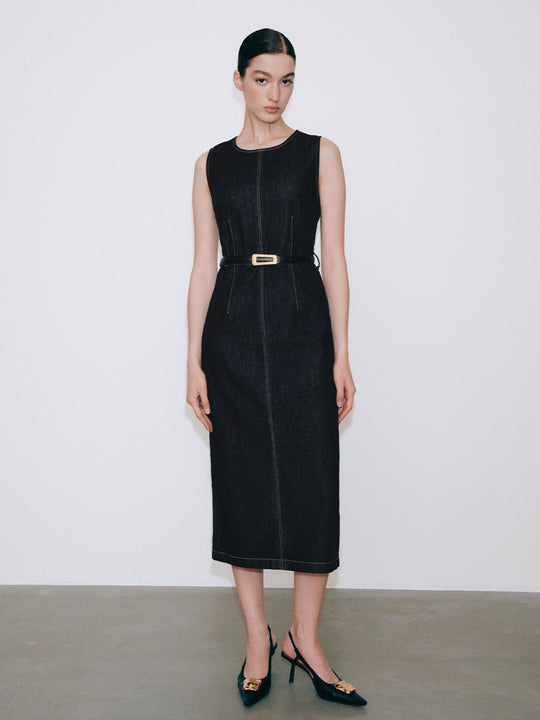 Belted Sleeveless Denim Midi Dresses