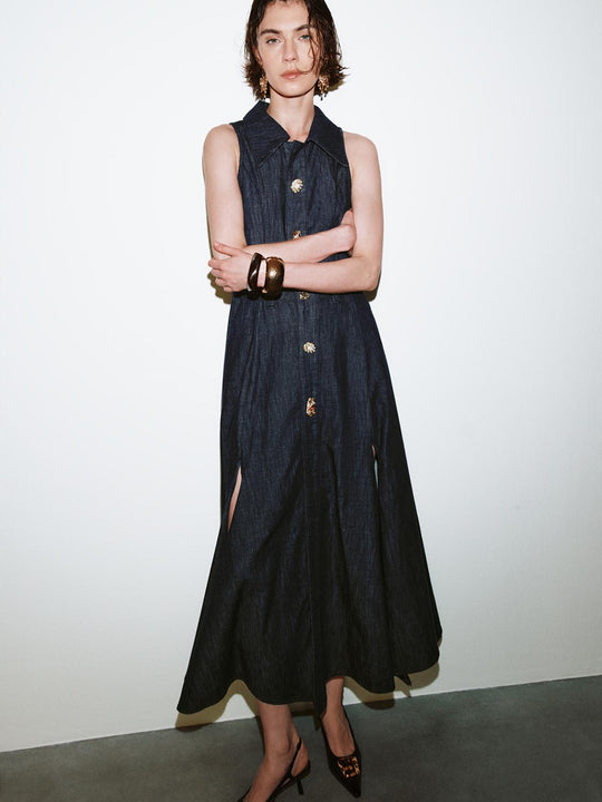 Sleeveless Button Detail Pleated Denim Dresses