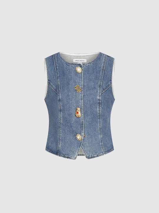 Button Up Seamed Sleeveless Denim Shirts