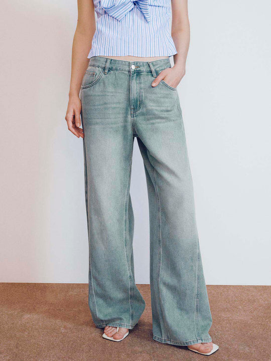 Cotton High-Rise Wide-Leg With Double-Needle Seam Detailing And Topstitching Jeans