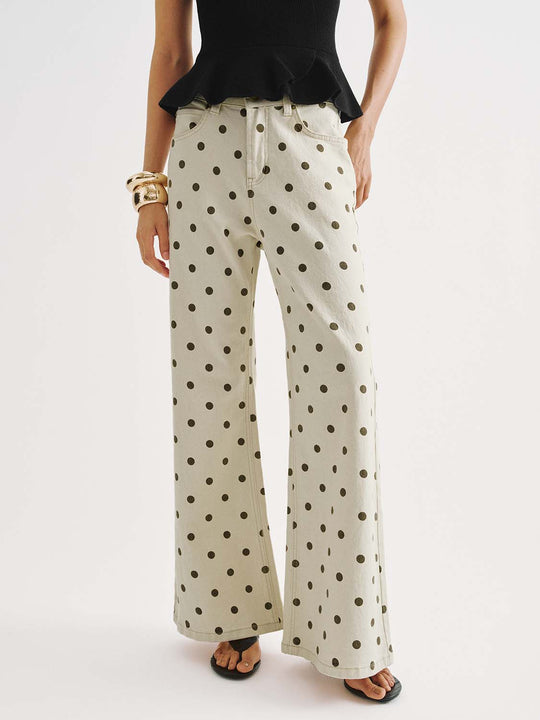 Cotton Denim Polka Dot Print Wide Leg Trousers