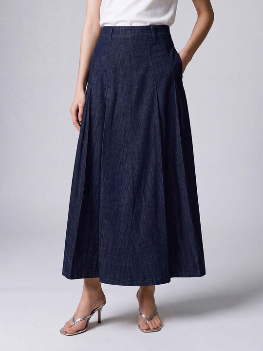 Structured Pleated Cotton Belted Maxi Skirt