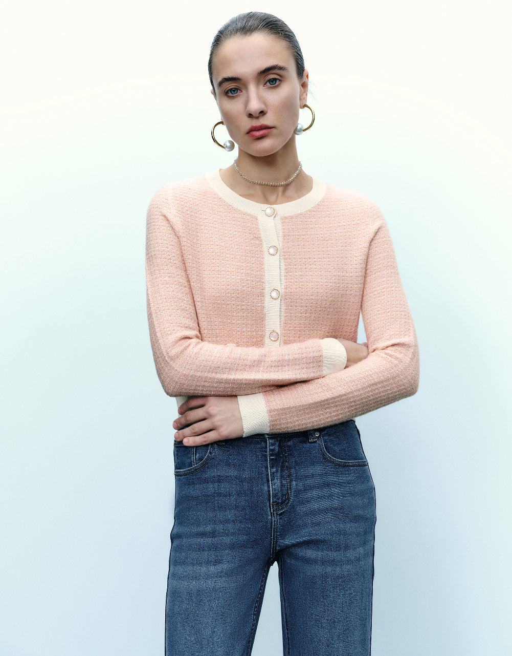 Knitted Cardigan With Faux Pearl Buttons