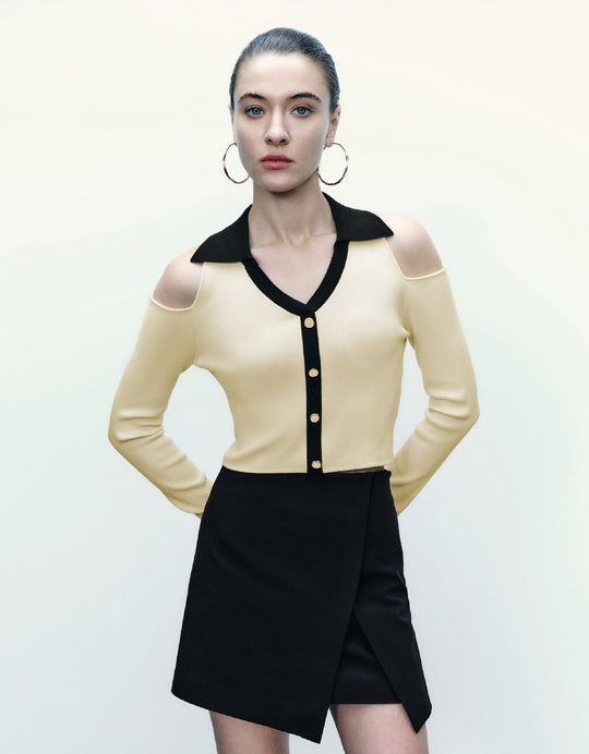 Cold Shoulder V-Neck Knitted T-Shirt