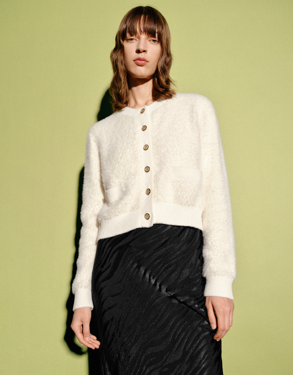 Furry Crew Neck Knitted Cardigan