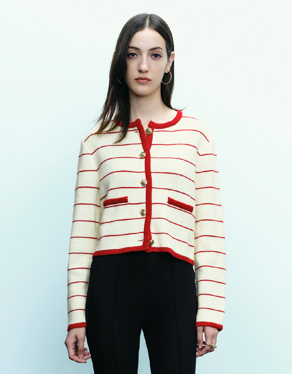 Striped Crew Neck Knitted Cardigan With Fake Pockets