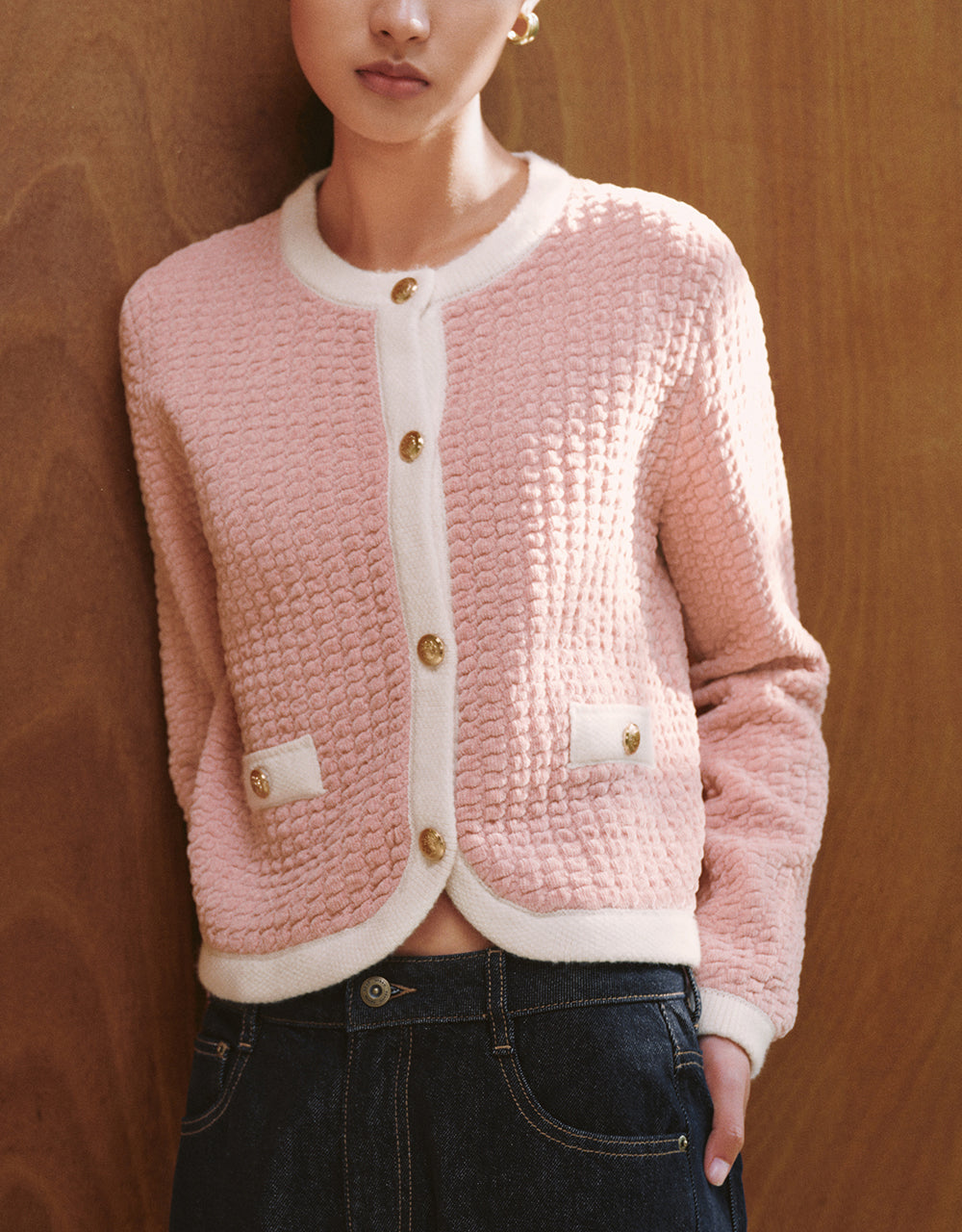 Textured Crew Neck Knitted Cardigan