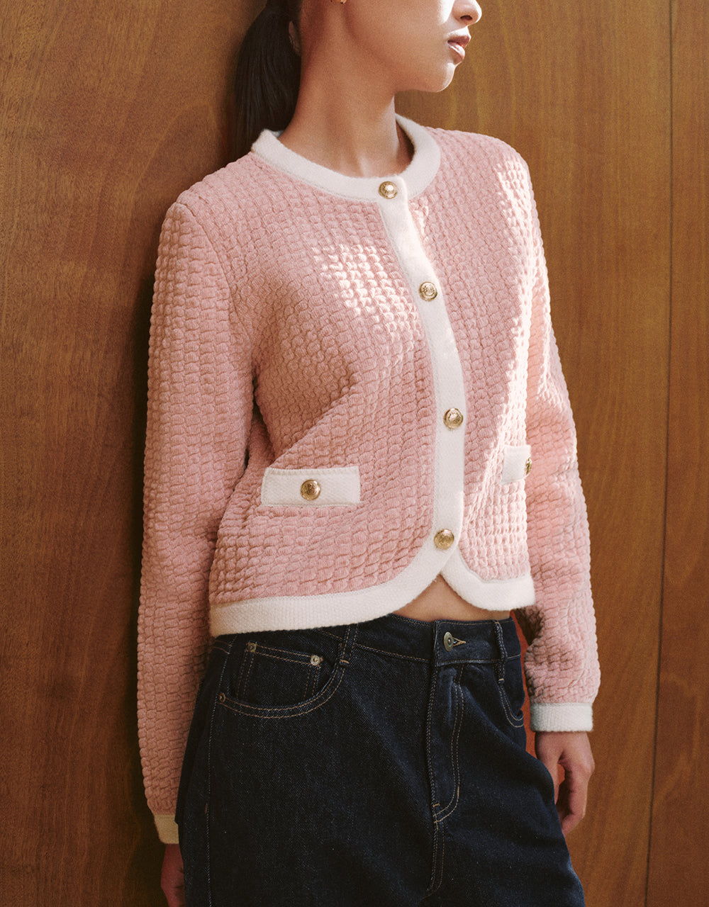 Textured Crew Neck Knitted Cardigan