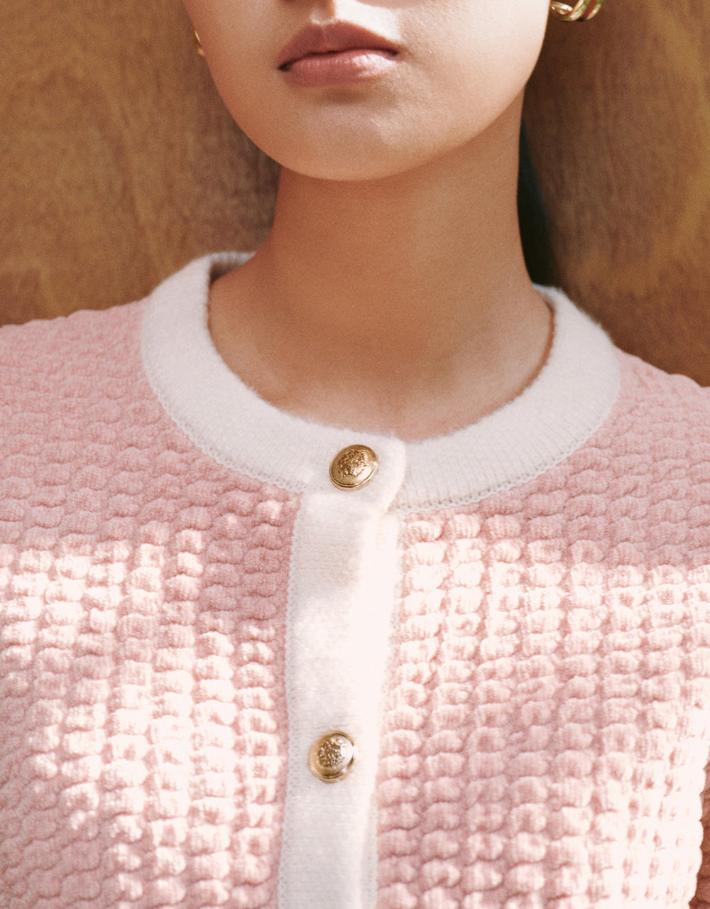 Textured Crew Neck Knitted Cardigan