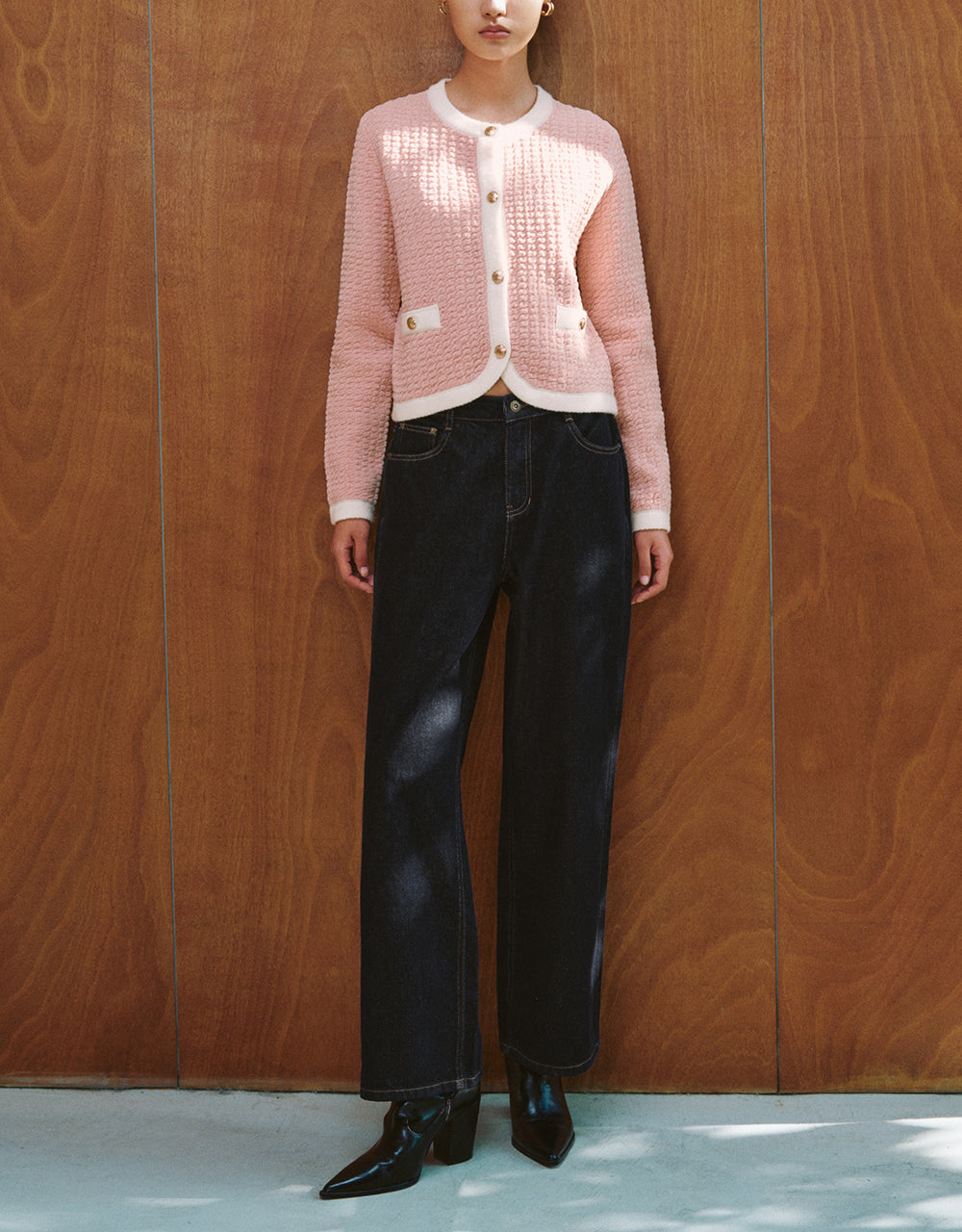 Textured Crew Neck Knitted Cardigan