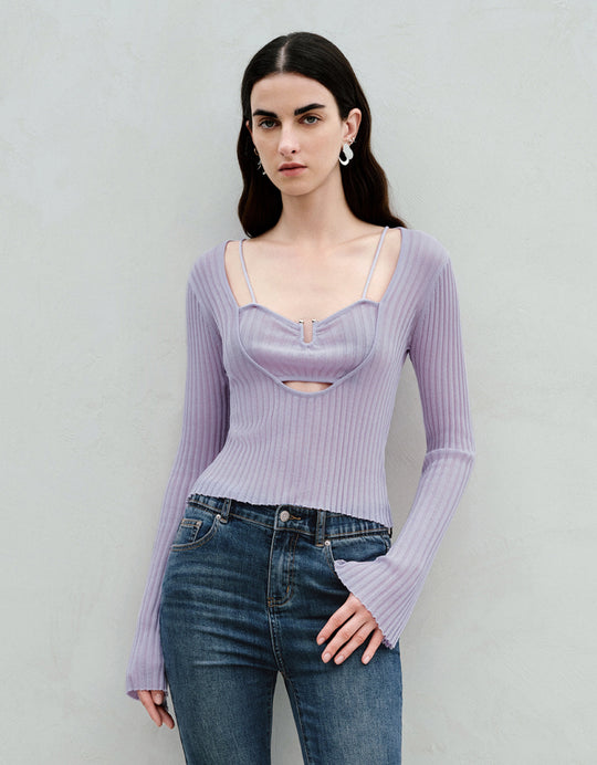 2 In 1 Square-Cut Collar Knitted T-Shirt