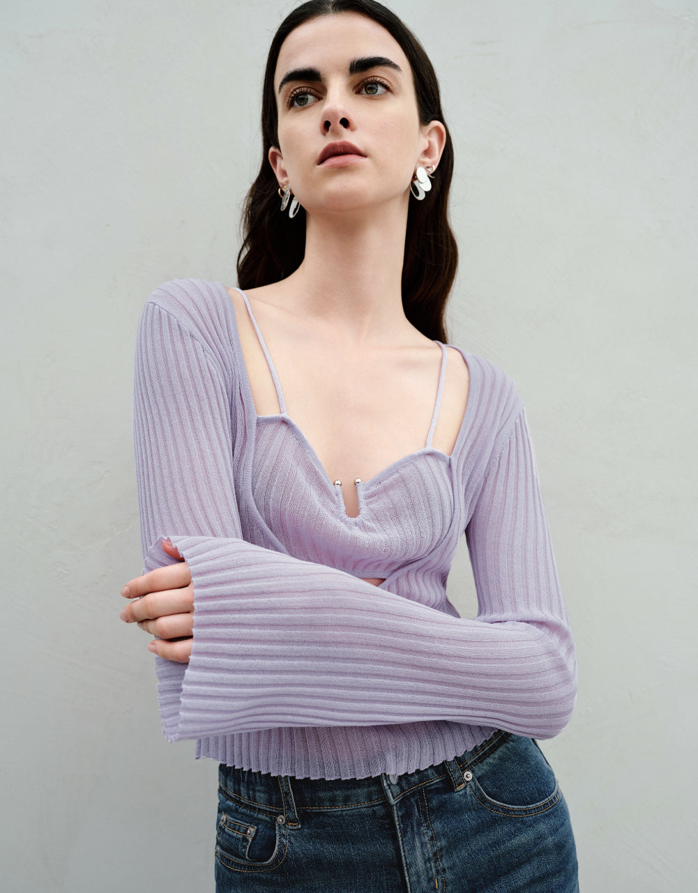 2 In 1 Square-Cut Collar Knitted T-Shirt