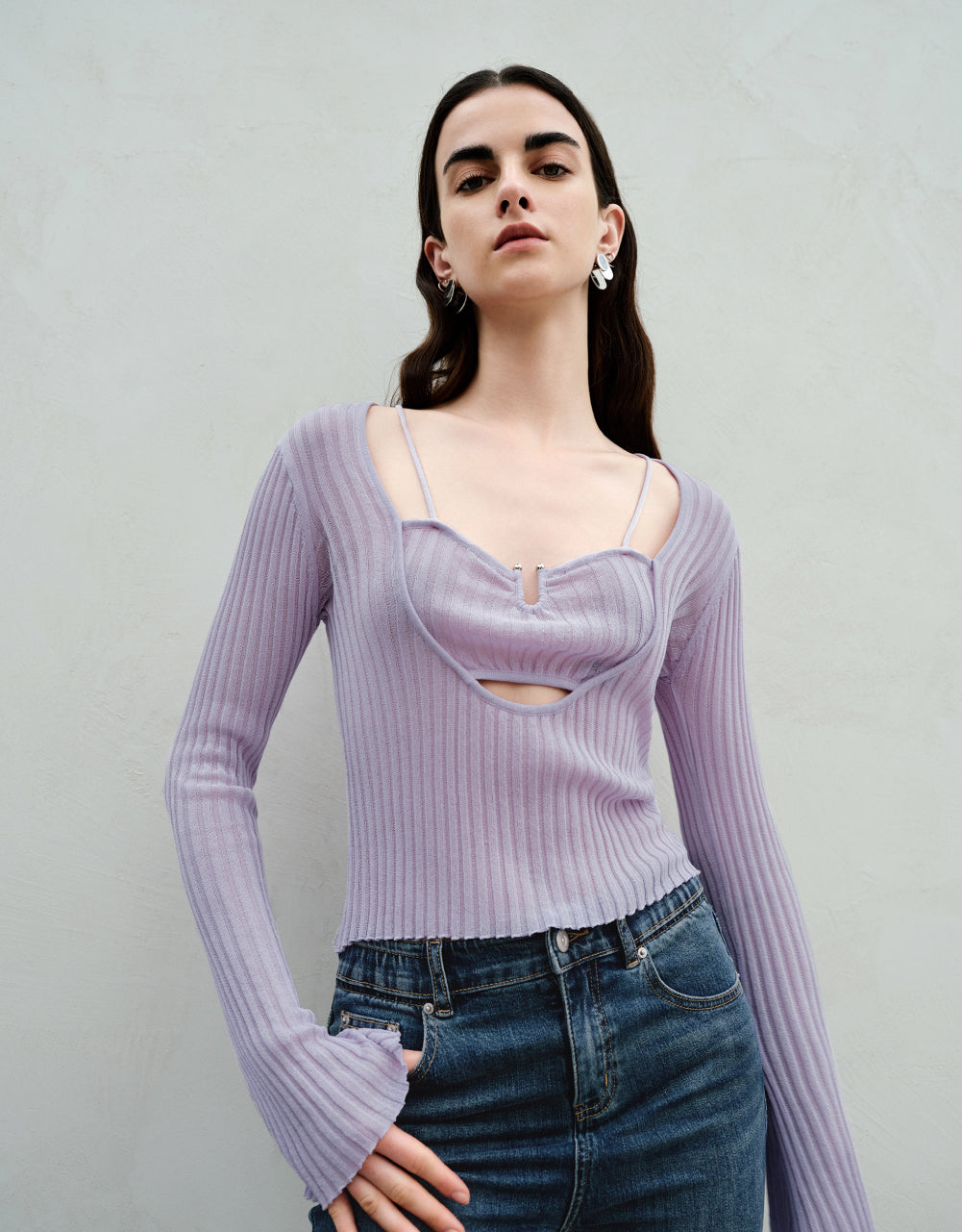 2 In 1 Square-Cut Collar Knitted T-Shirt