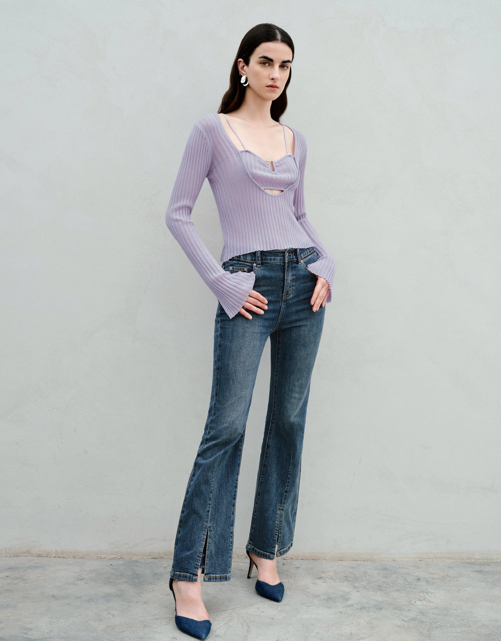 2 In 1 Square-Cut Collar Knitted T-Shirt