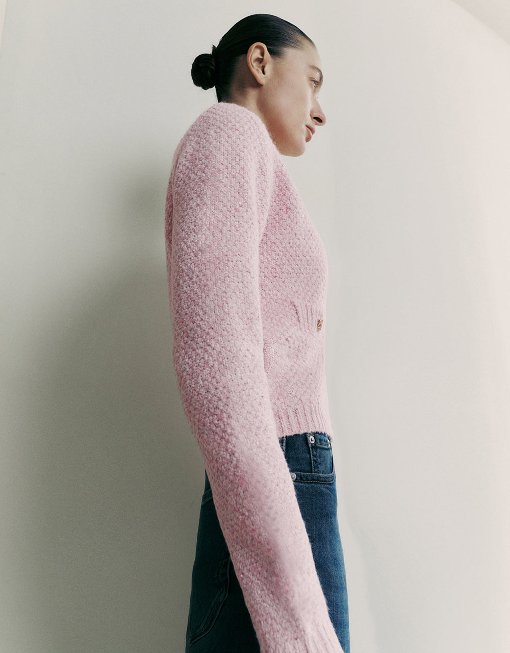 Crew Neck Knitted Cardigan With Fake Pockets