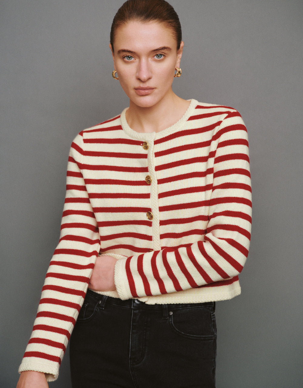 Striped Crew Neck Knitted Cardigan