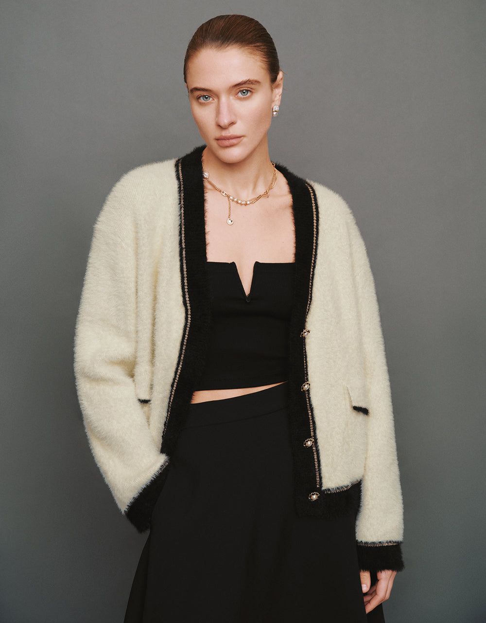 Contrast Trim Furry V-Neck Knitted Cardigan
