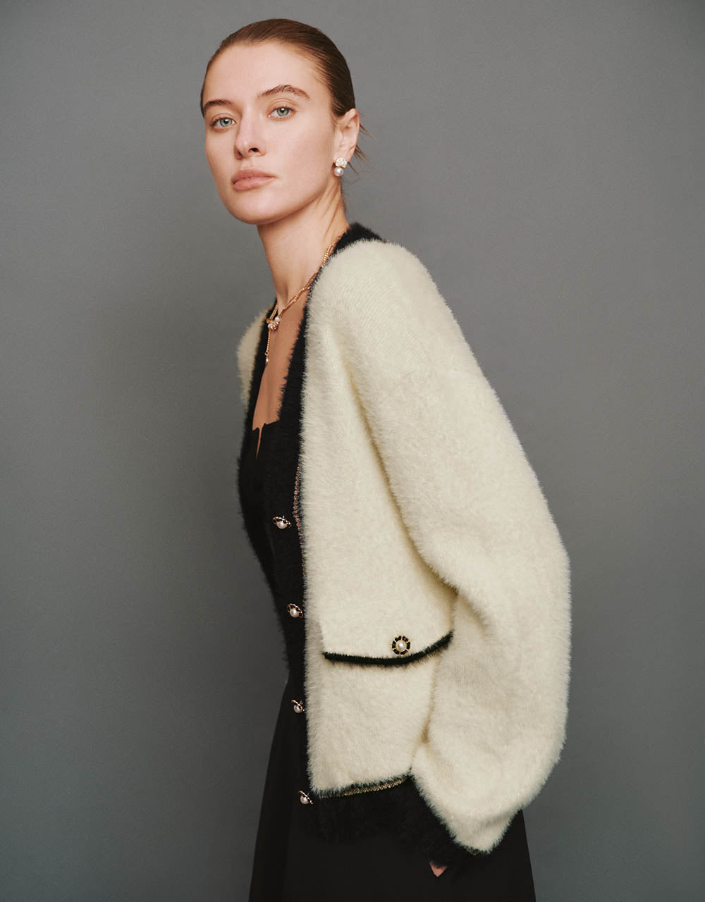 Contrast Trim Furry V-Neck Knitted Cardigan