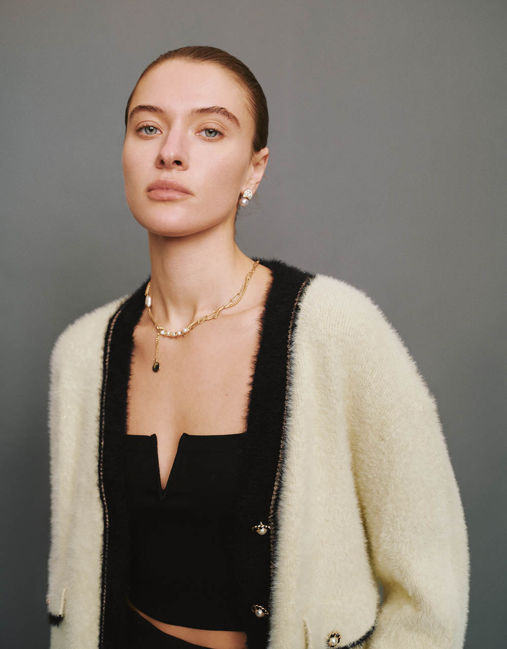 Contrast Trim Furry V-Neck Knitted Cardigan