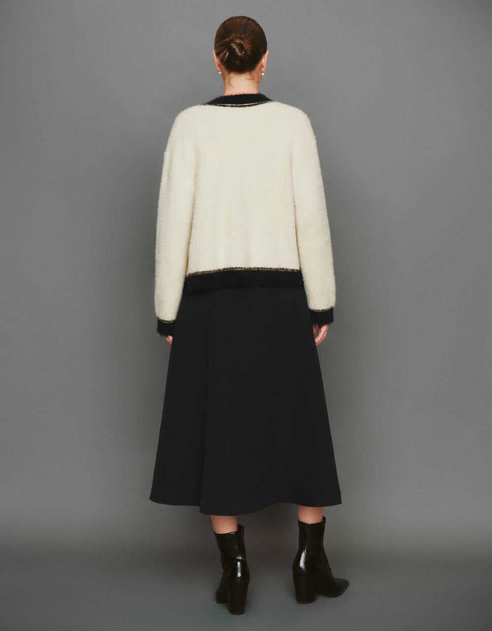 Contrast Trim Furry V-Neck Knitted Cardigan