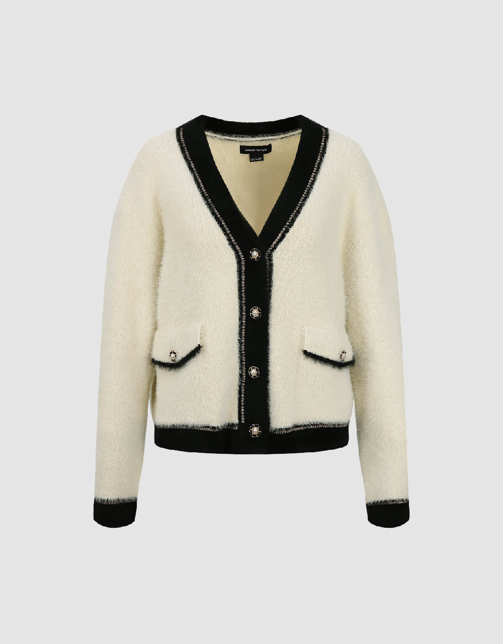 Contrast Trim Furry V-Neck Knitted Cardigan