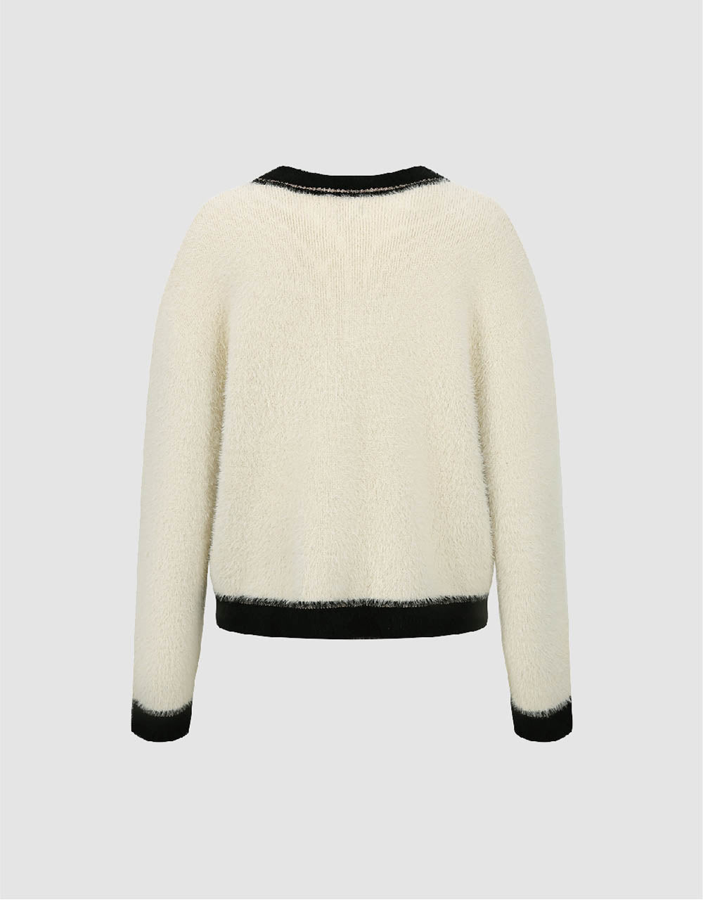 Contrast Trim Furry V-Neck Knitted Cardigan