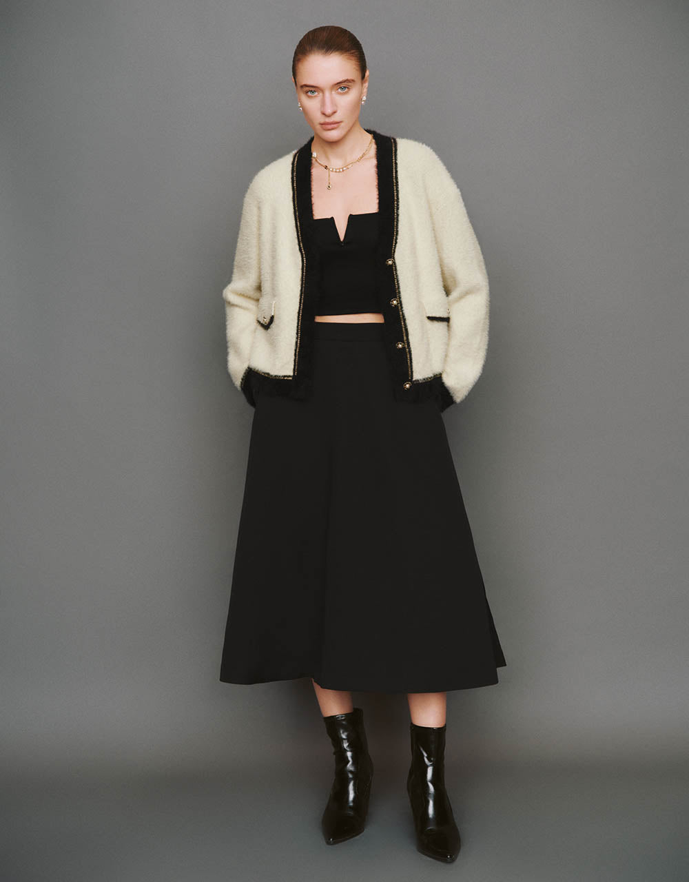 Contrast Trim Furry V-Neck Knitted Cardigan