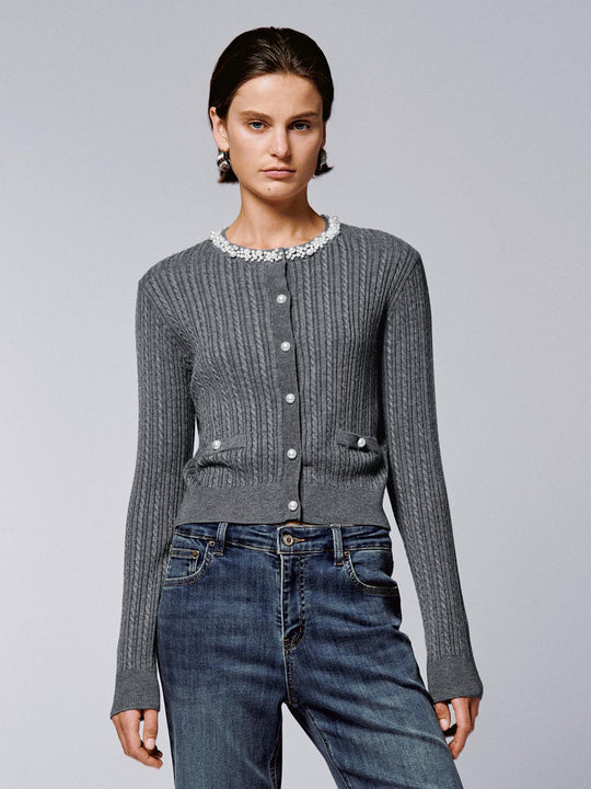 Beaded Neck Cable Knitted Cardigans