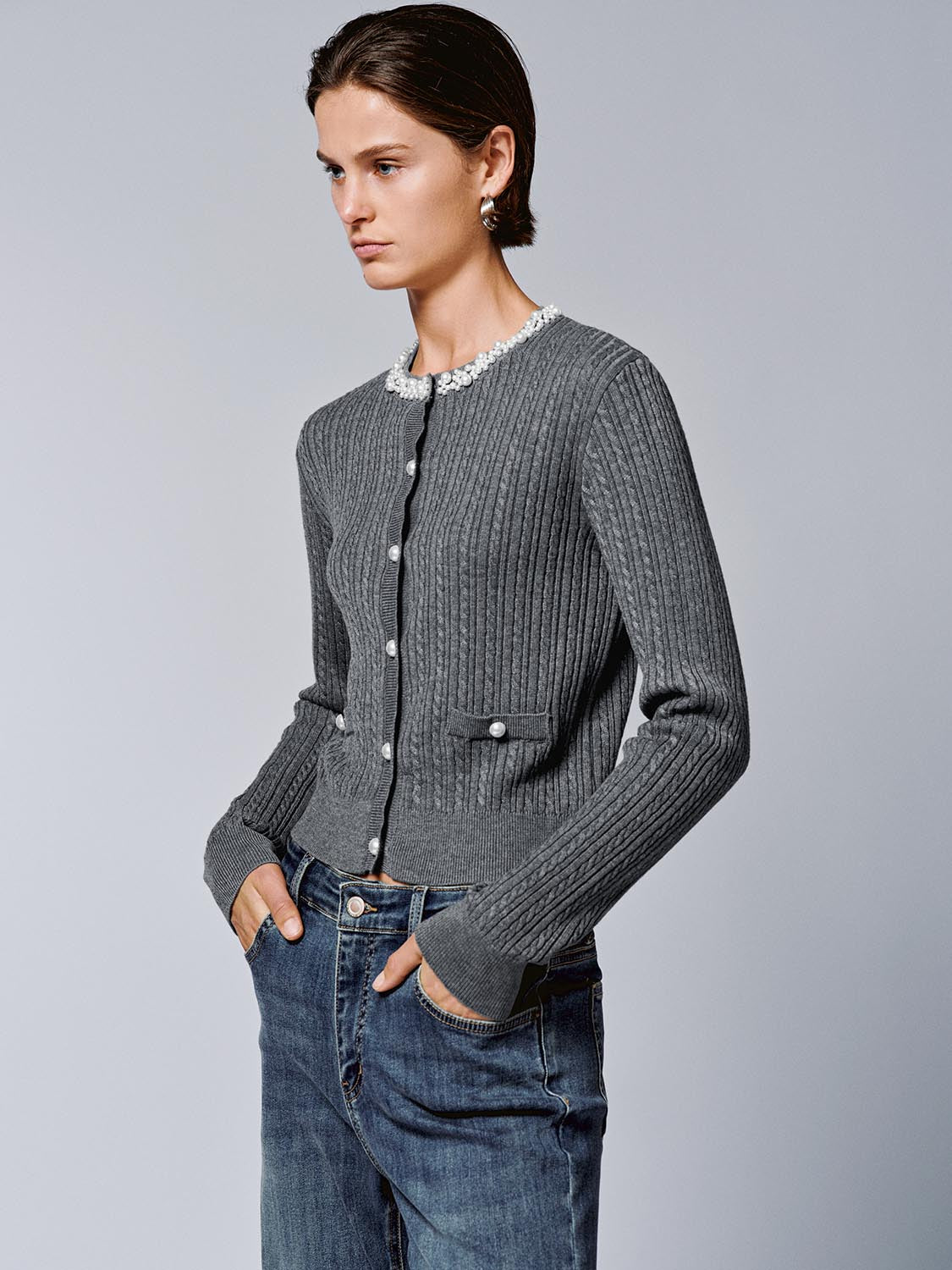 Beaded Neck Cable Knitted Cardigans