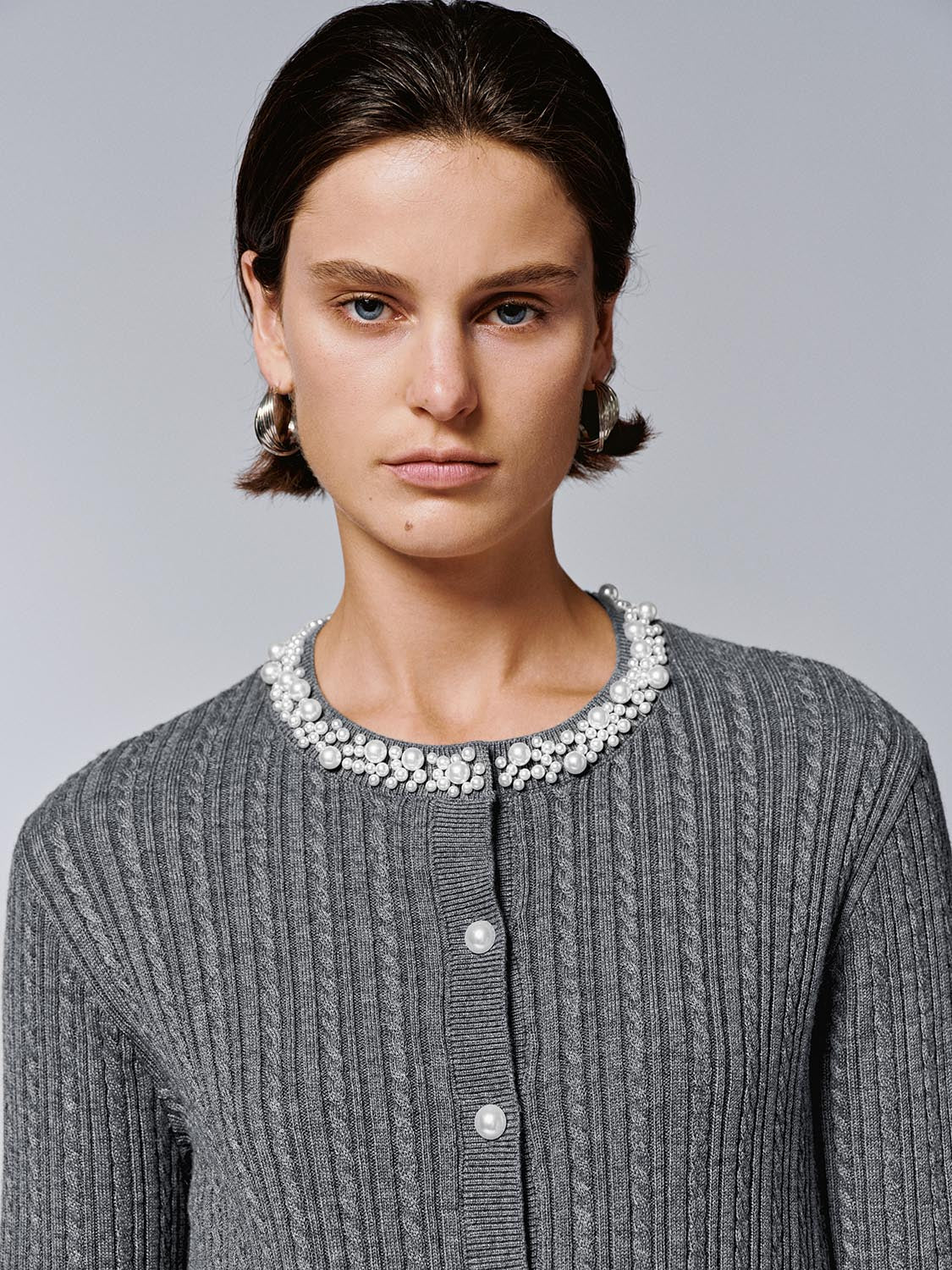 Beaded Neck Cable Knitted Cardigans