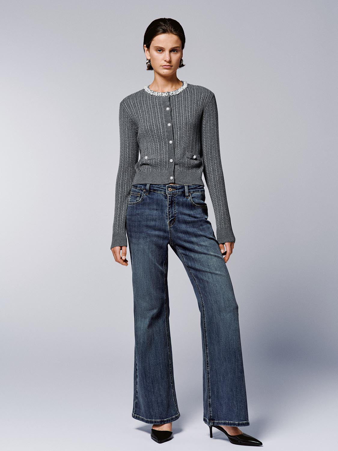 Beaded Neck Cable Knitted Cardigans