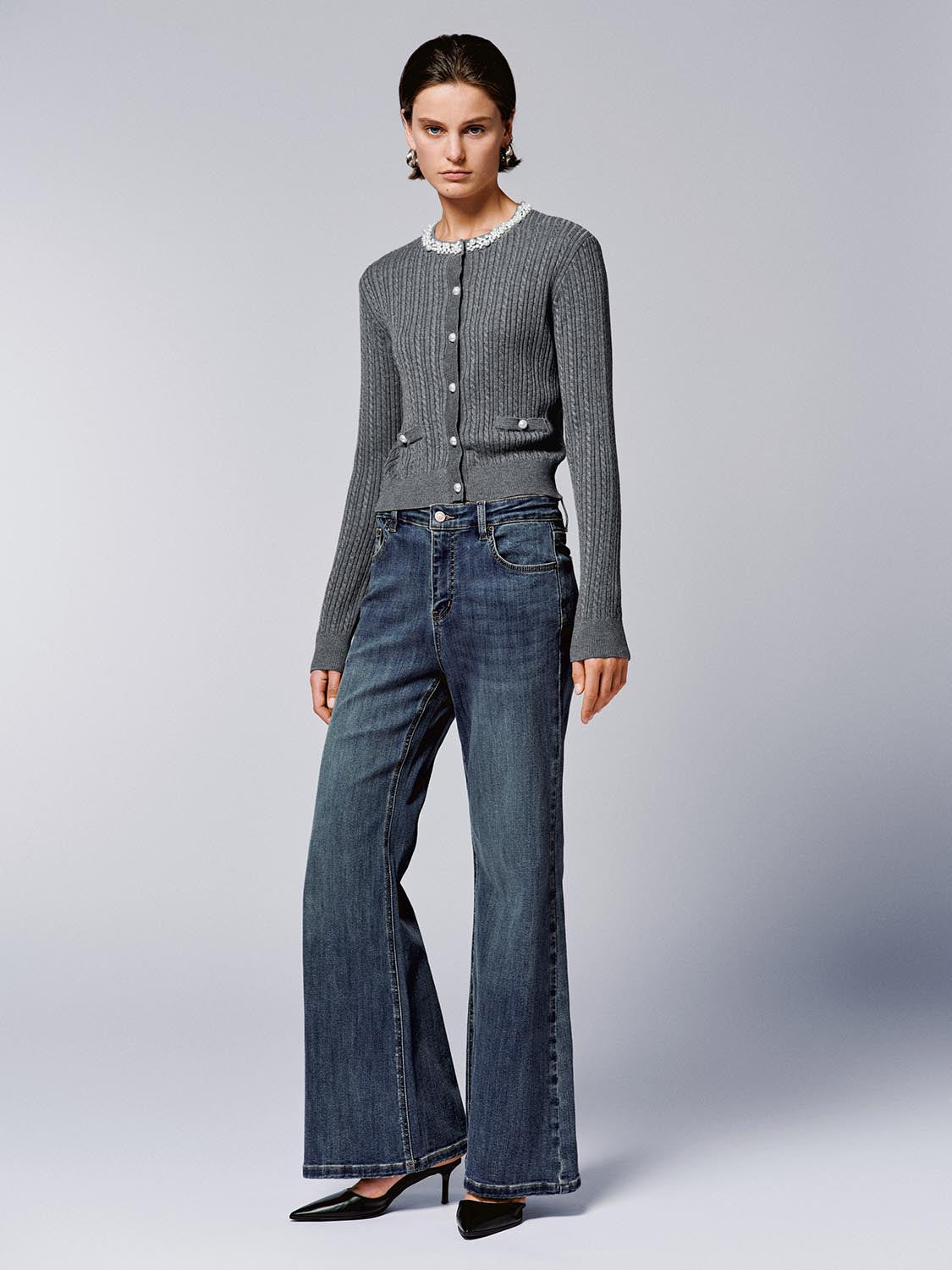 Beaded Neck Cable Knitted Cardigans