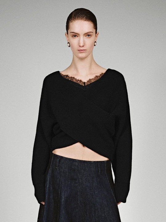 Lace Detail Long Sleeve Knitted T-Shirts