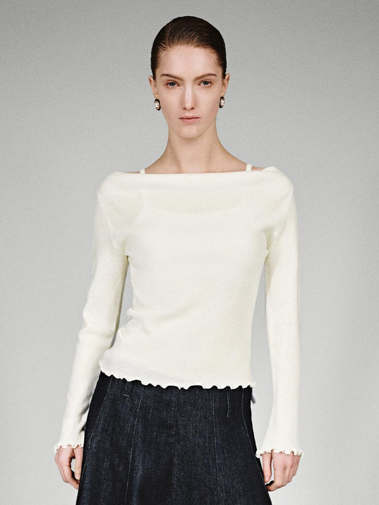 Off Shoulder Strappy Long Sleeve Knitted T-Shirts