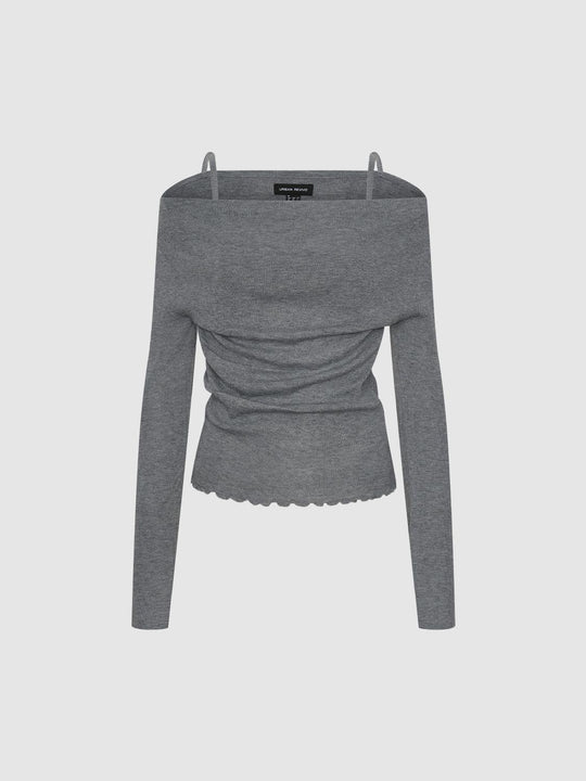 Scalloped Hem Fitted Long Sleeve Knit Top