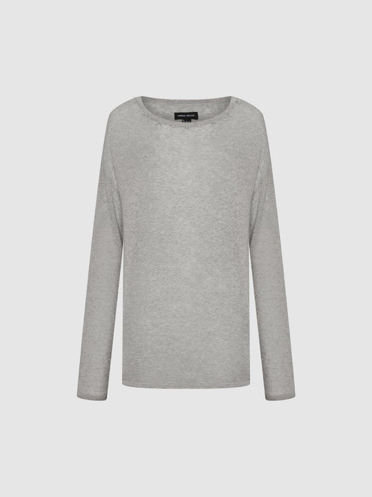 Beaded Knit Long Sleeve Cotton Blend T-Shirt