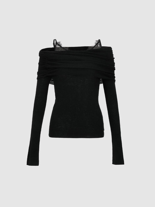 Off-Shoulder Lace Detail Long Sleeve Knit T-shirt