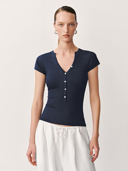 Henley Neck Skinny-Fit Knitted T-Shirts