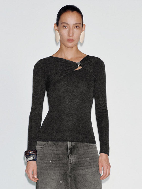 Asymmetric Knot Front Skinny Fit Long Sleeve Knitted T-Shirts