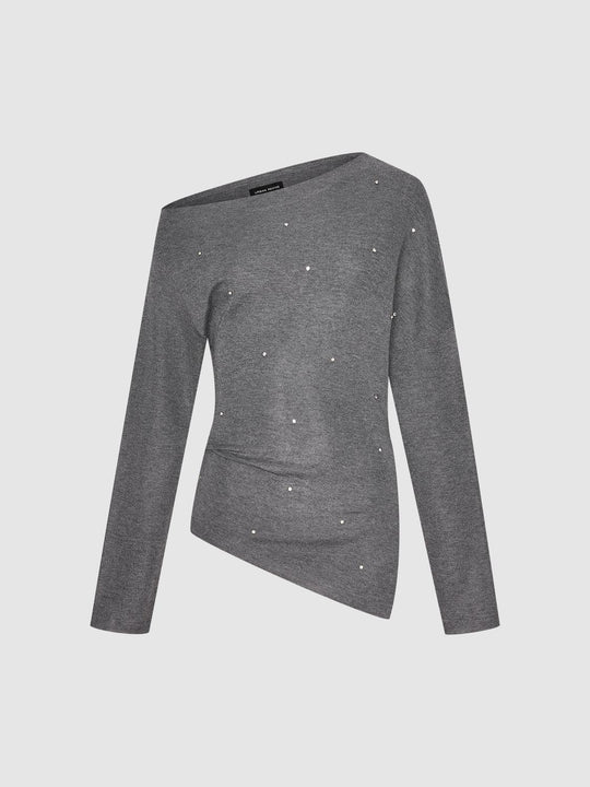 Pearl Embellished Asymmetric Hem Long Sleeve Knit Top