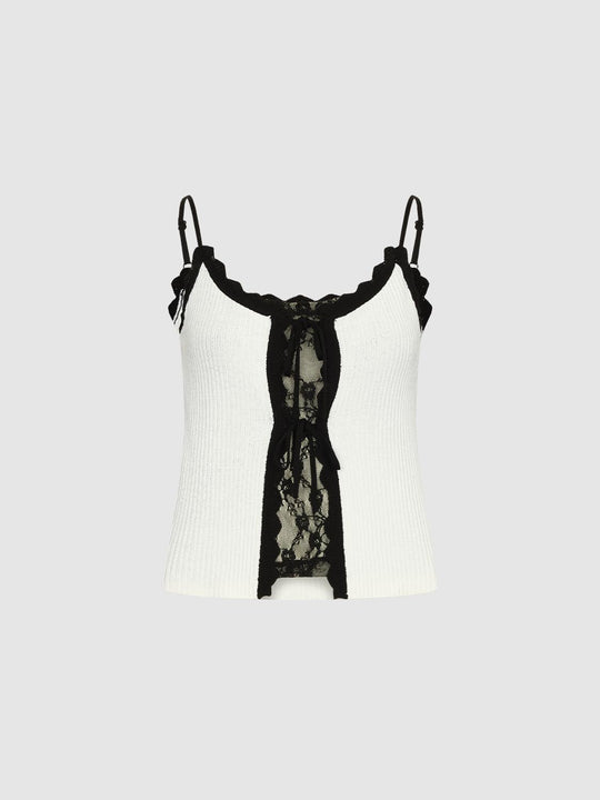 Strappy Lace Trim Knitted Skinny-Fit T-Shirts