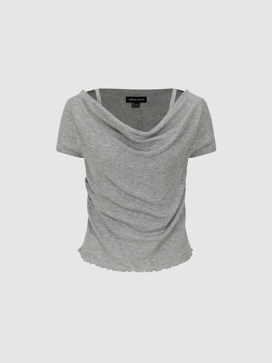 Heather Knit Cotton Blend Cowl Neck T-Shirts
