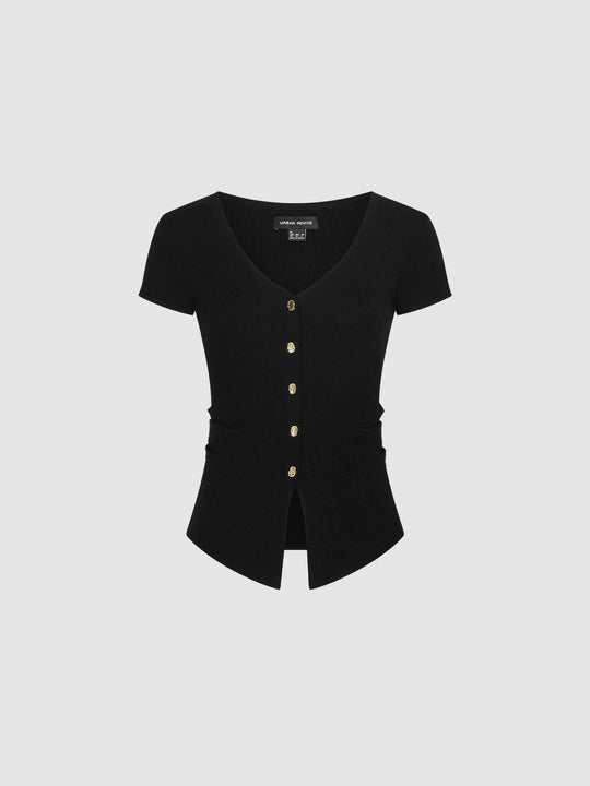 V-Neck Button Detail Knitted T-Shirts