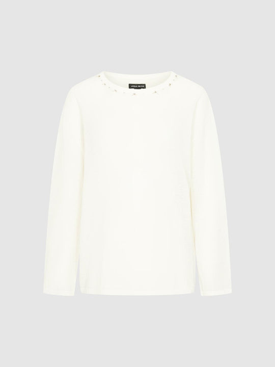 Beaded Neckline Cotton Linen Blend Long Sleeve Top