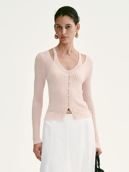 Ribbed Viscose Cardigan With Cutout Button Details Cardigan