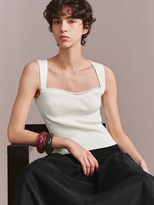 Square Neck Lace Trim Sleeveless Skinny-Fit Knitted T-Shirts