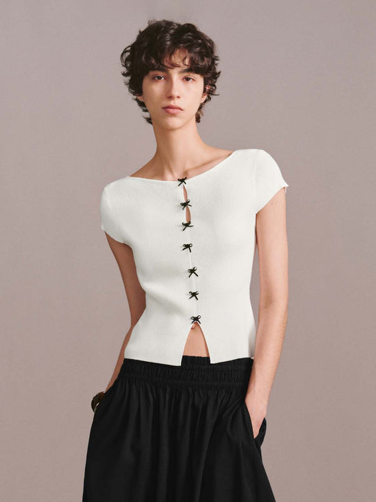 Bow Detail Slim-Fit Knitted T-Shirts