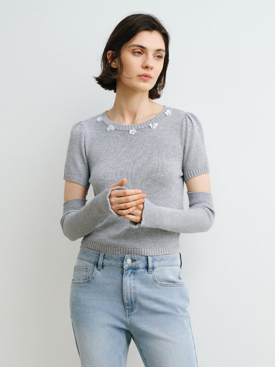 Ribbed Knit Crew Neck T-shirt With Floral Neck Embellishment