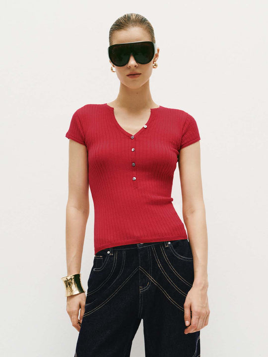 Ribbed V-neck Short Sleeve Knit Shirt