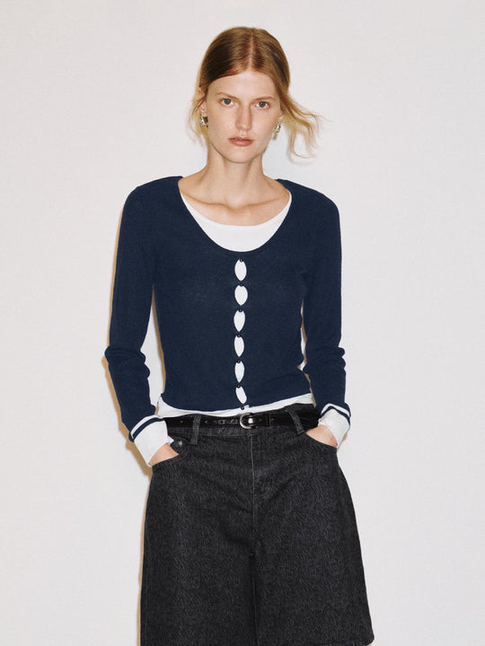 Navy Ribbed Button Front Two Tone Long Sleeve Knit Top